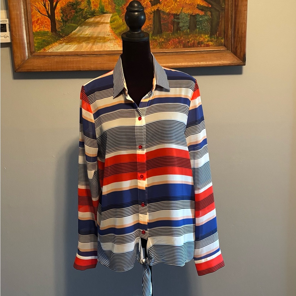 Laundry Shelli Segal Sheer Striped Button Down Long Sleeve Tie Waist Top Size M